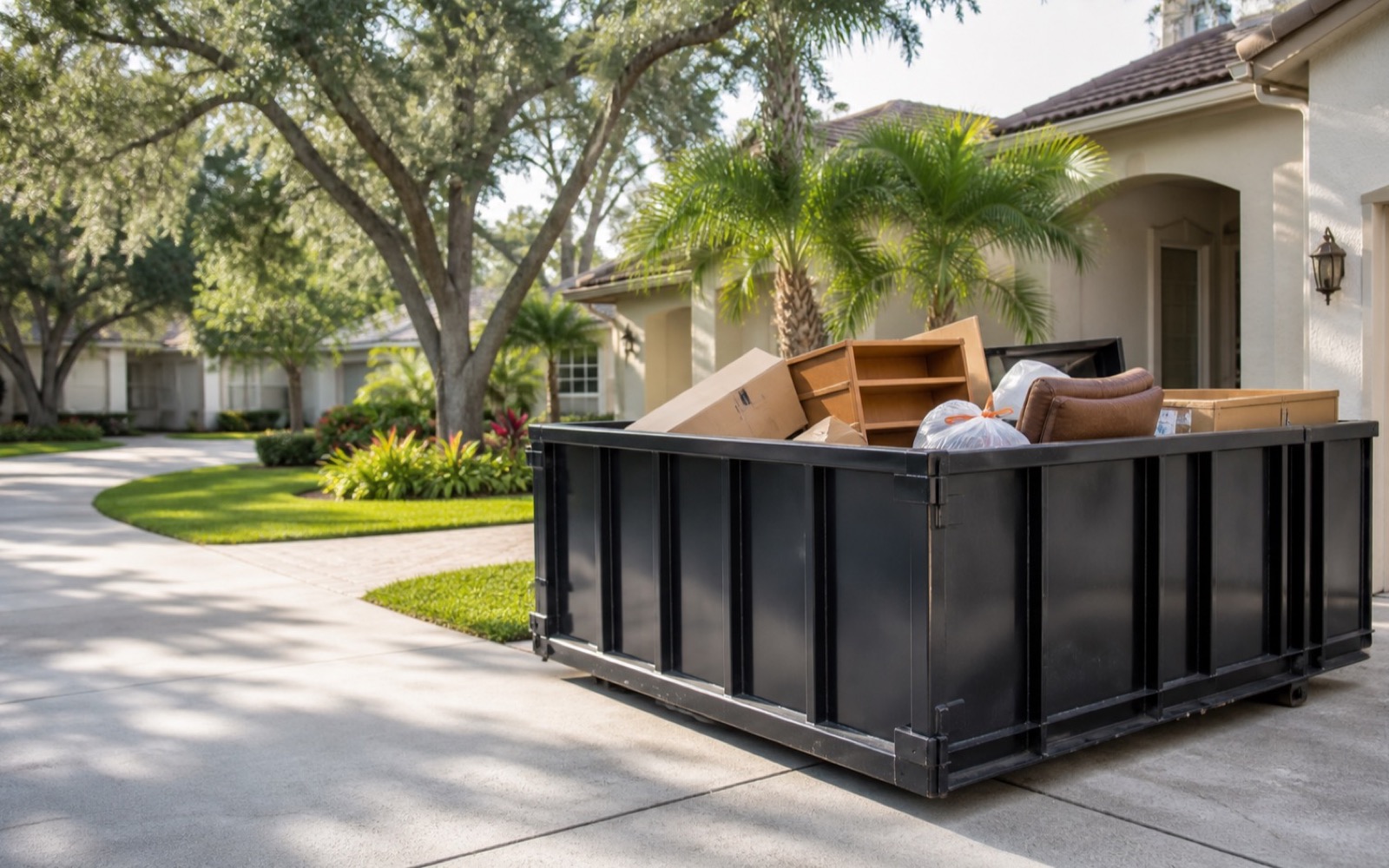 Black roll-off dumpster loaded with boxes during a Central Florida garage cleanout