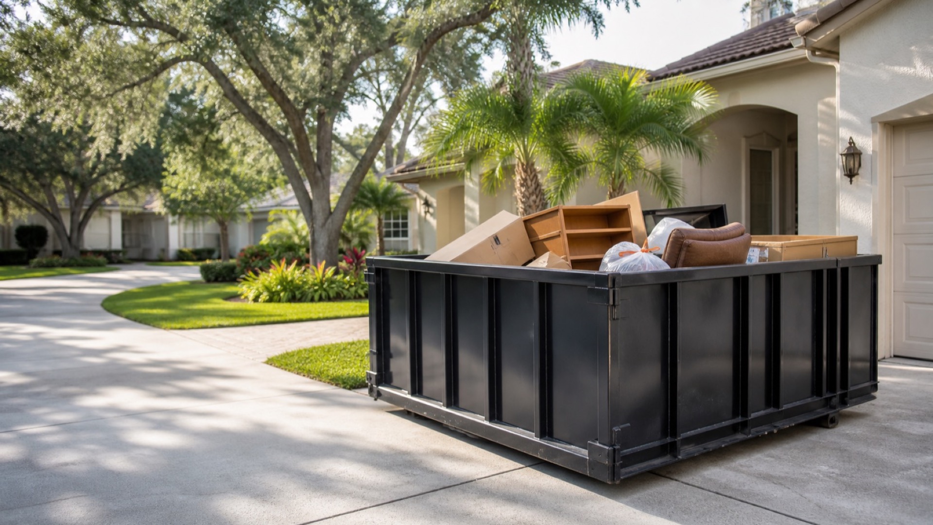 Black roll-off dumpster loaded with boxes during a Central Florida garage cleanout
