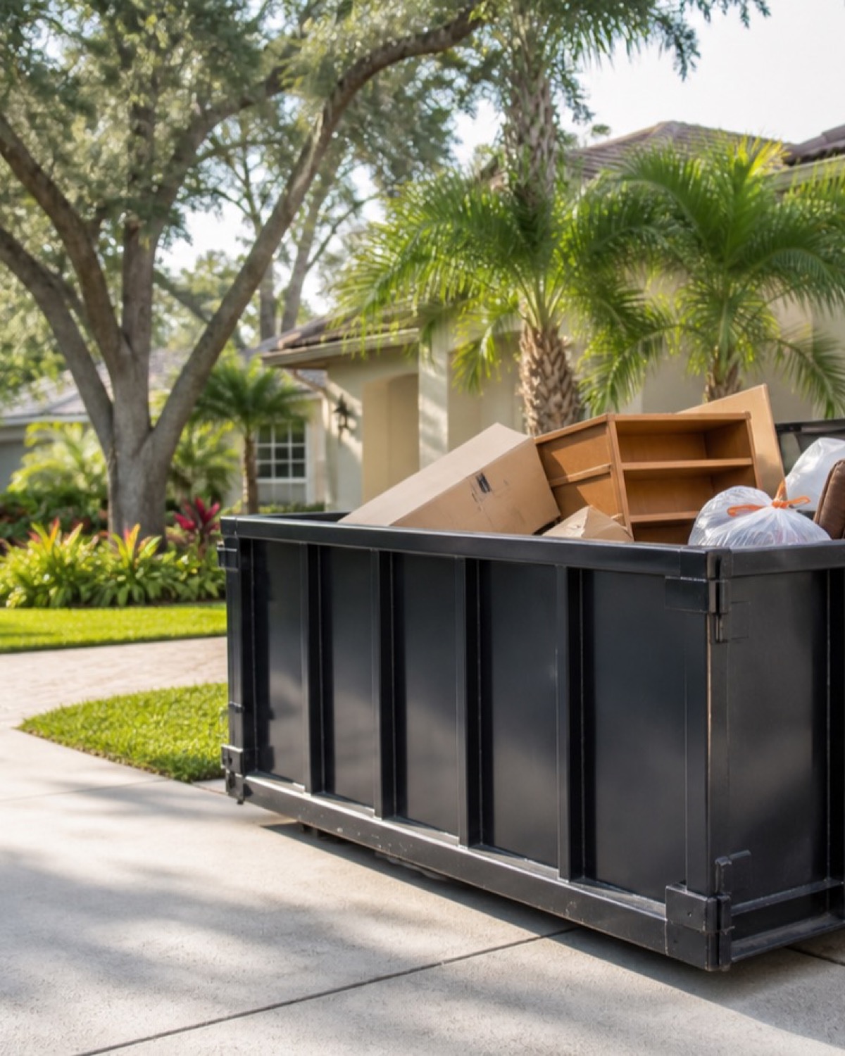 Household boxes and approved clutter loaded inside a driveway roll-off dumpster