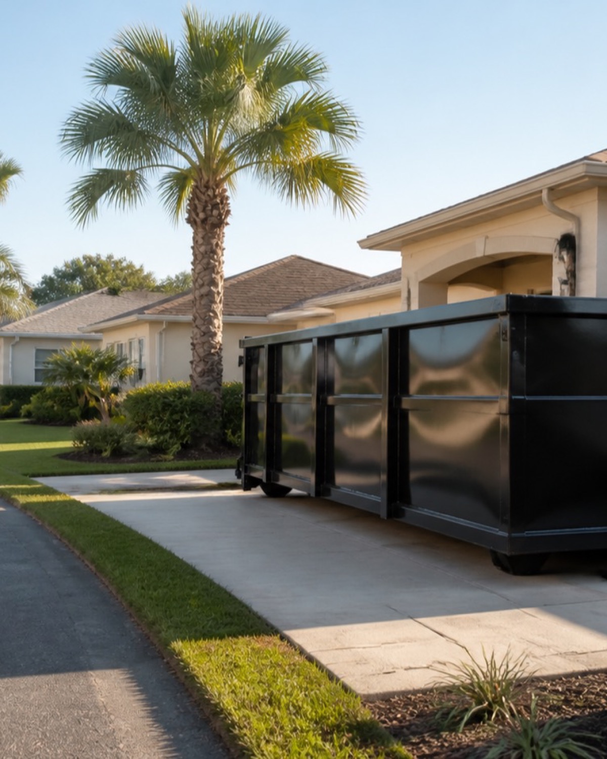 Unbranded black roll-off dumpster on a driveway among single-story homes and palms in The Villages